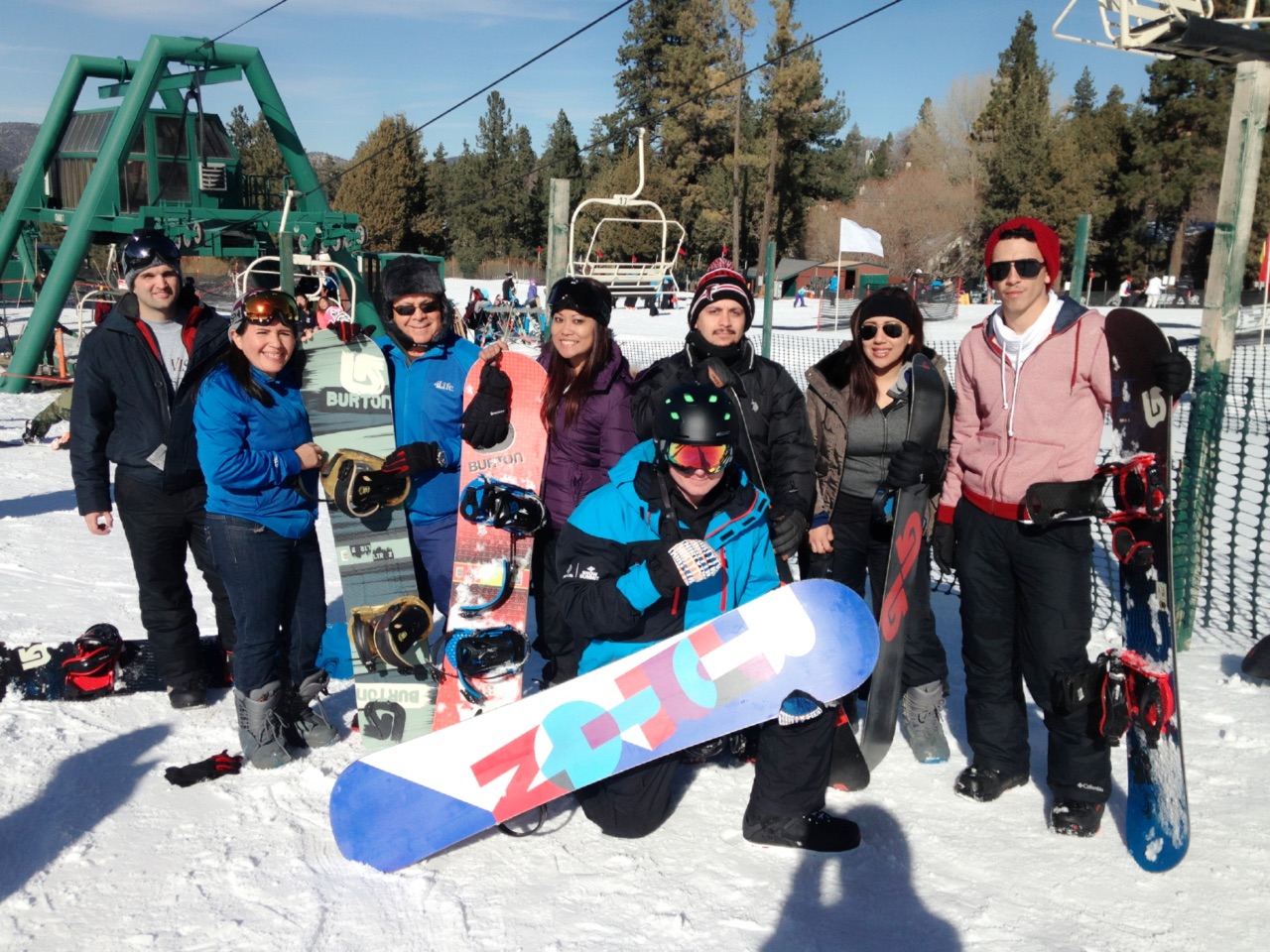 Dr U office staff snowboarding in Big Bear.